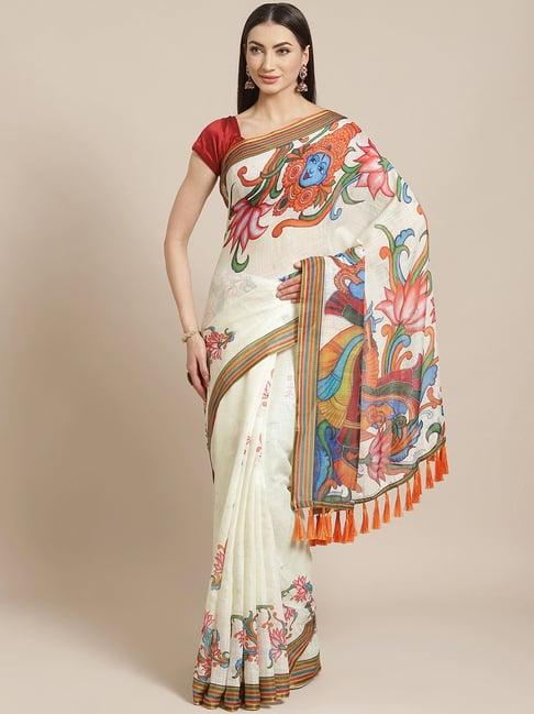 vastranand cream printed saree with unstitched blouse