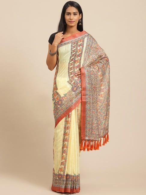 vastranand cream printed saree with unstitched blouse