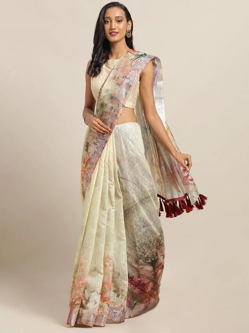 vastranand cream printed saree with unstitched blouse