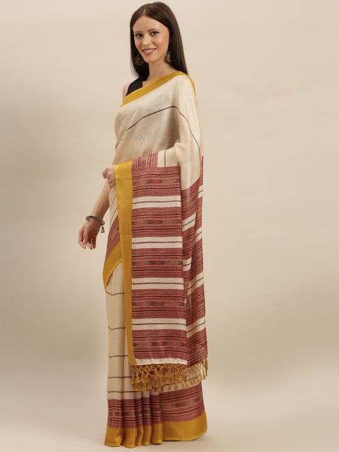 vastranand cream striped saree with unstitched blouse