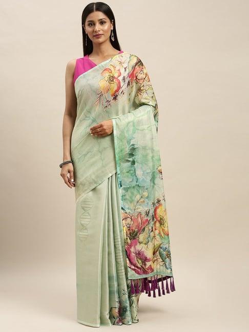 vastranand cyan blue floral print saree with unstitched blouse