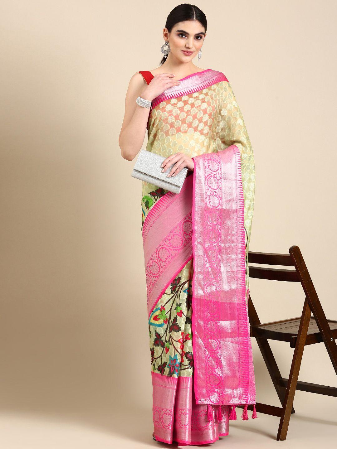 vastranand floral woven design zari organza ikat saree