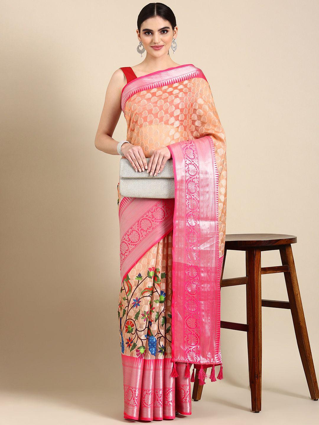 vastranand floral woven design zari organza ikat saree