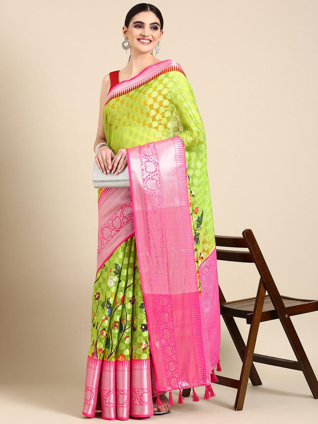 vastranand floral woven design zari organza ikat saree