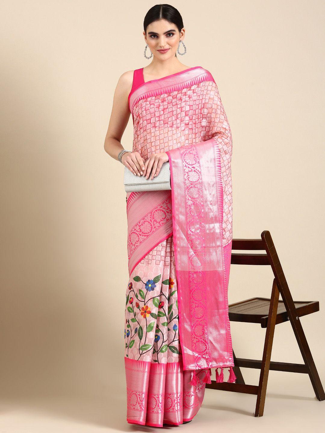 vastranand floral woven design zari organza ikat saree