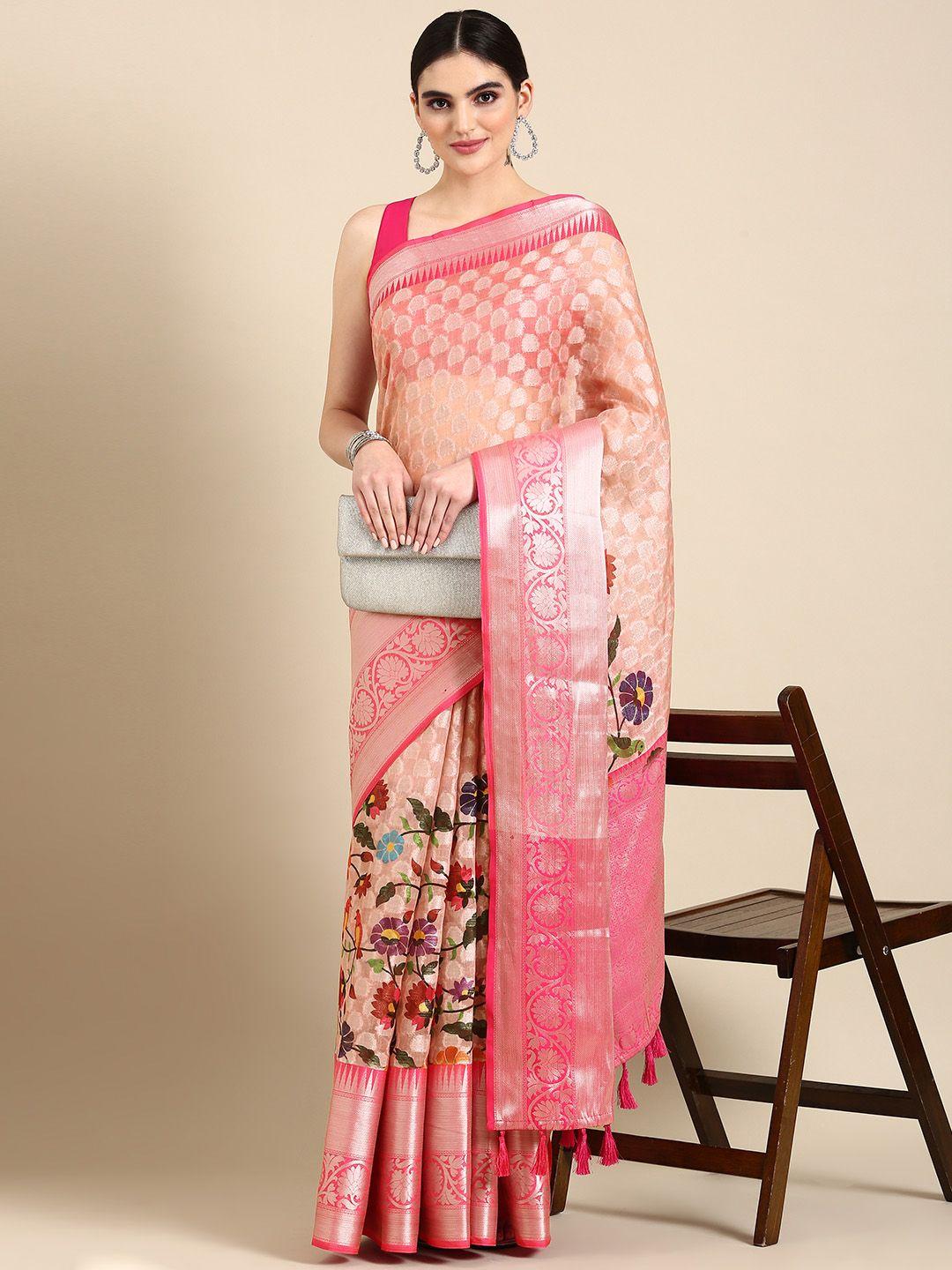 vastranand floral woven design zari organza ikat saree