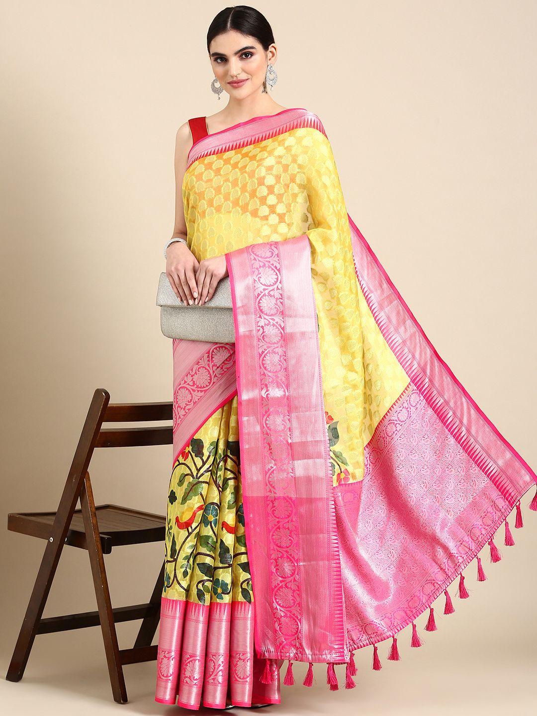 vastranand floral woven design zari organza ikat saree