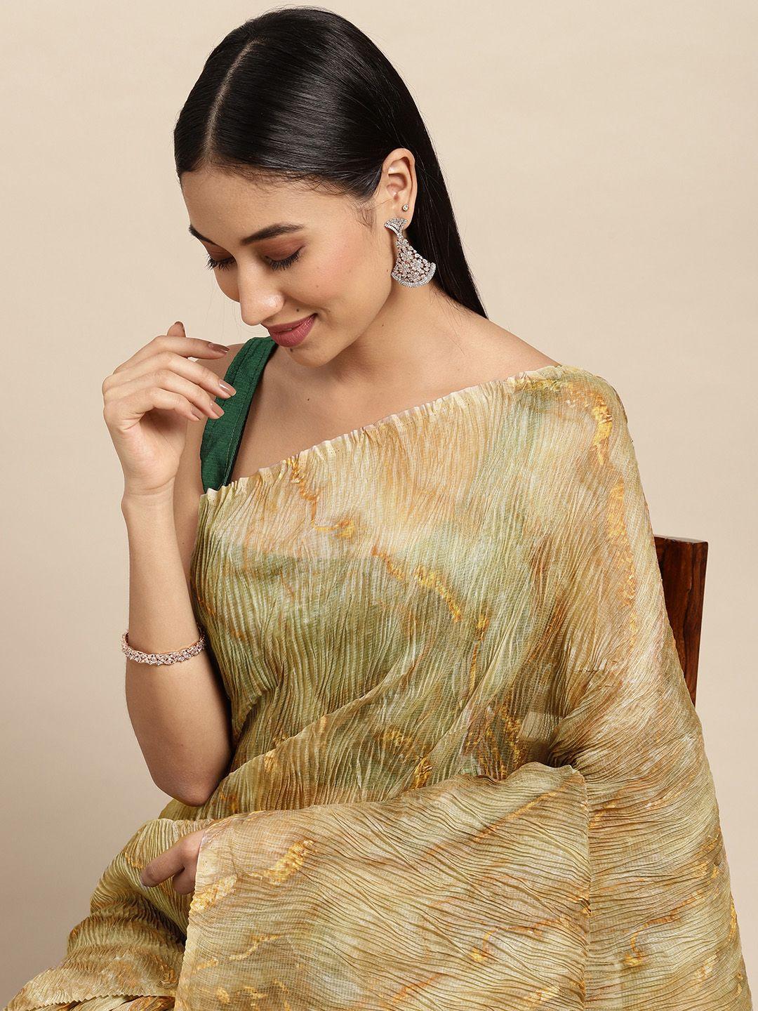 vastranand gold-toned & green batik linen blend saree