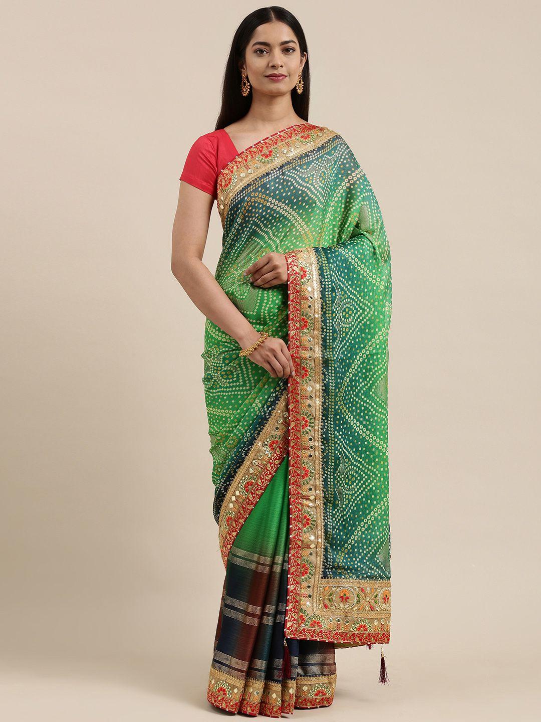 vastranand green & blue bandhani gotta patti bandhani saree