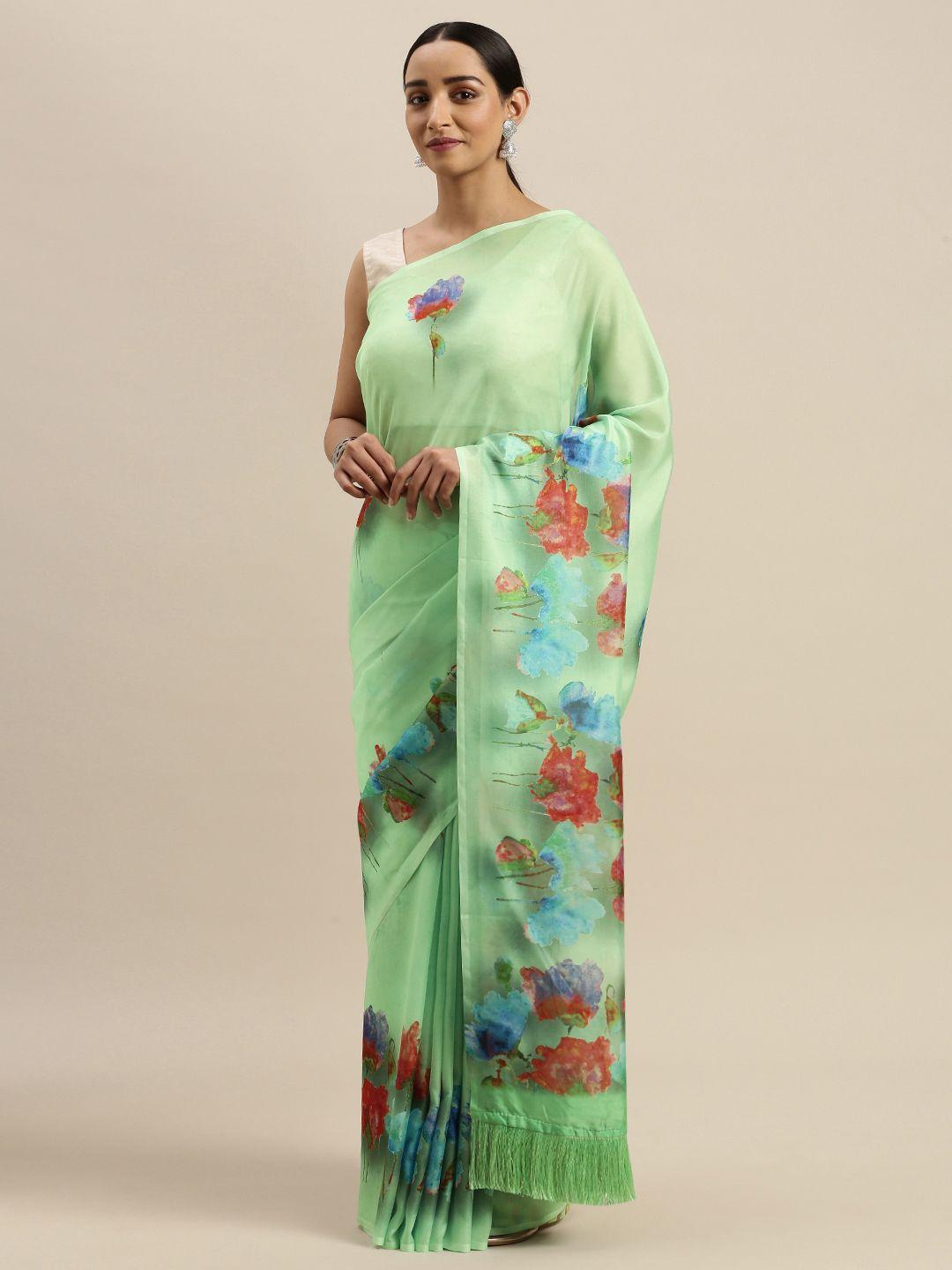 vastranand green & blue pure silk floral printed saree