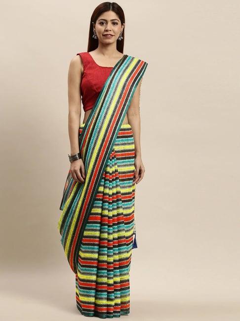 vastranand green & blue striped saree with unstitched blouse