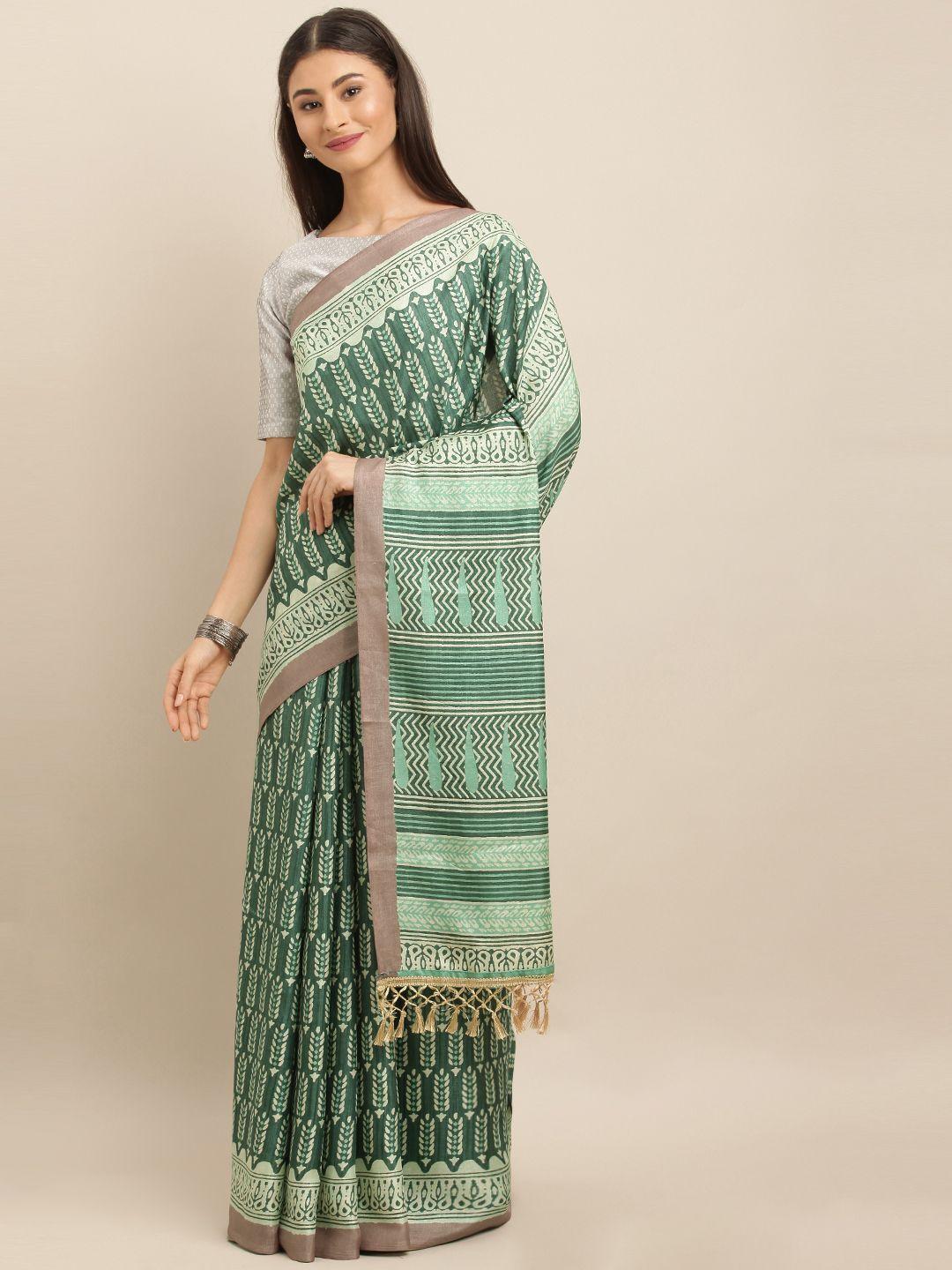 vastranand green & brown linen blend printed bagru saree