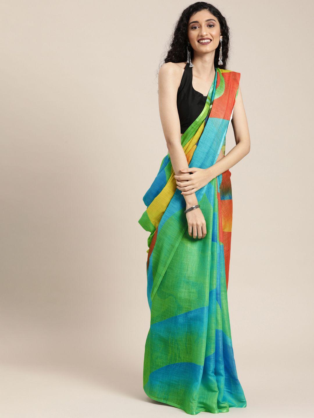 vastranand green & multicoloured linen blend printed block print saree