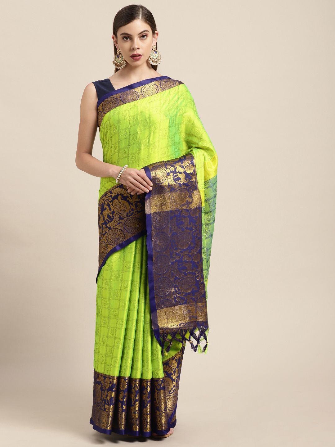 vastranand green & navy blue ethnic woven design zari silk blend banarasi saree