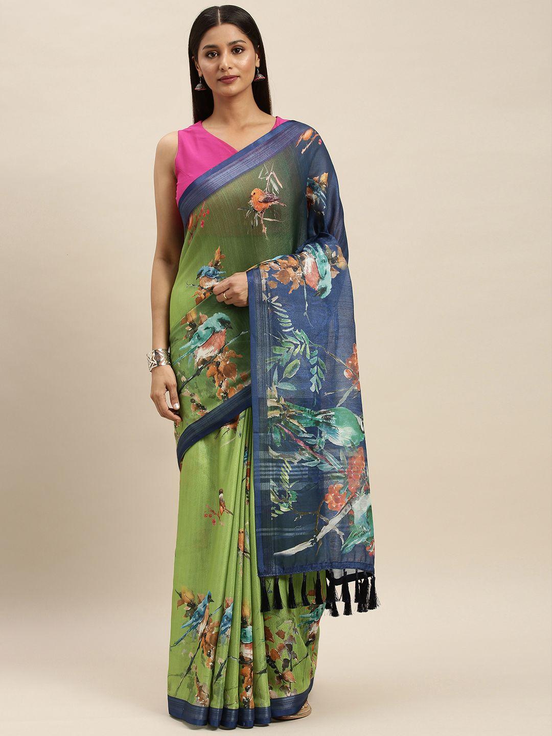 vastranand green & navy blue linen blend digital printed saree