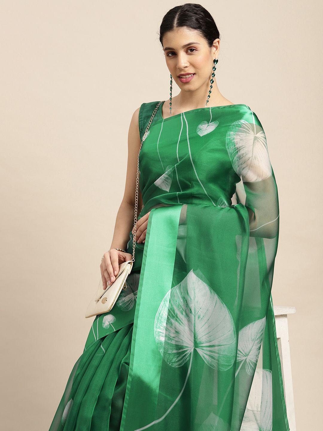 vastranand green & off-white floral organza saree