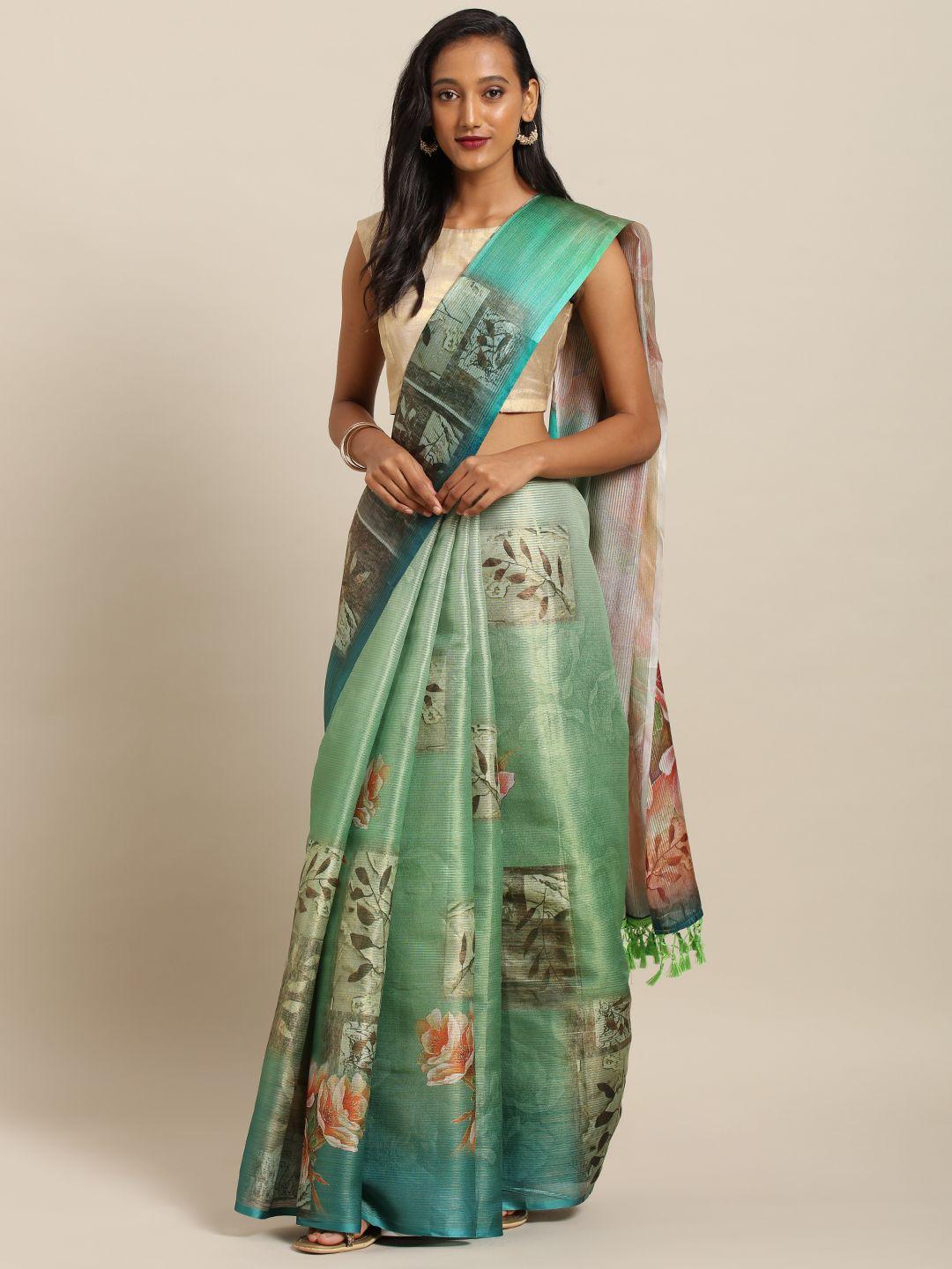 vastranand green & peach-coloured art silk printed maheshwari saree