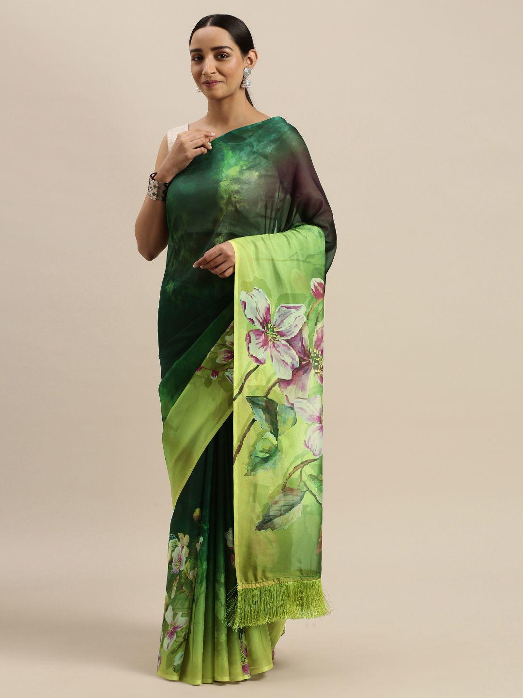 vastranand green & pink pure silk floral printed saree