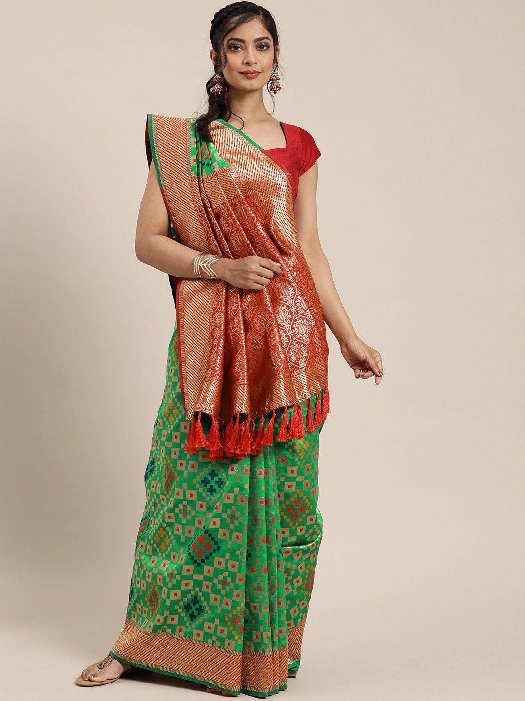 vastranand green & red silk blend woven design patola saree