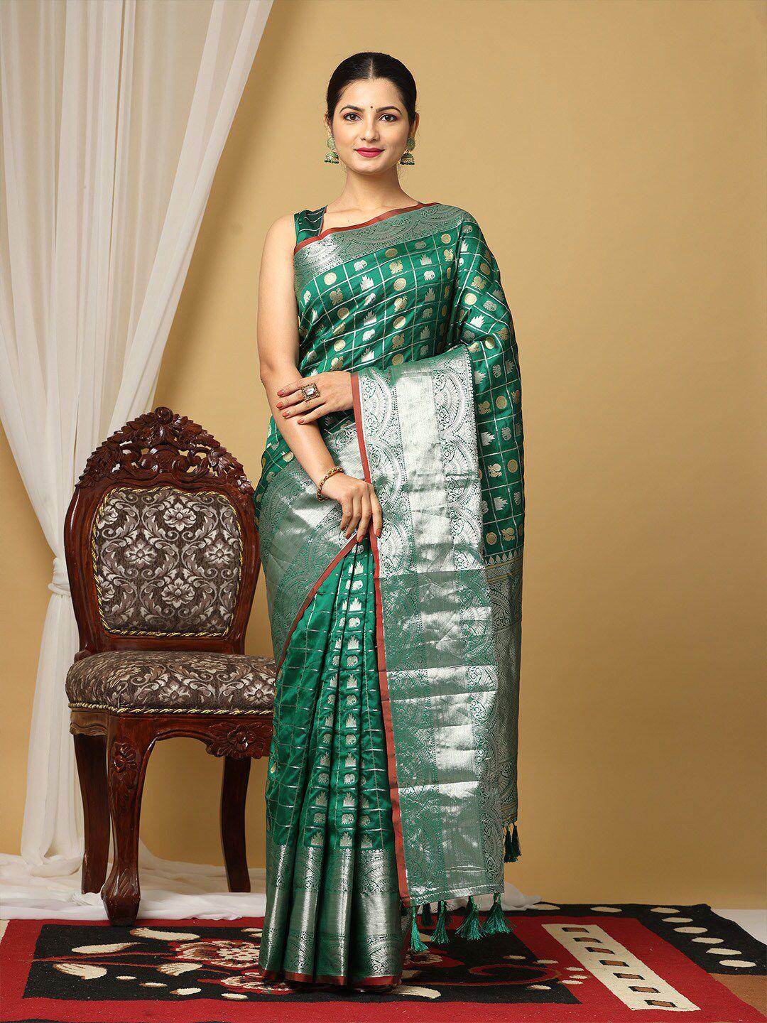 vastranand green & red woven design zari silk blend banarasi saree