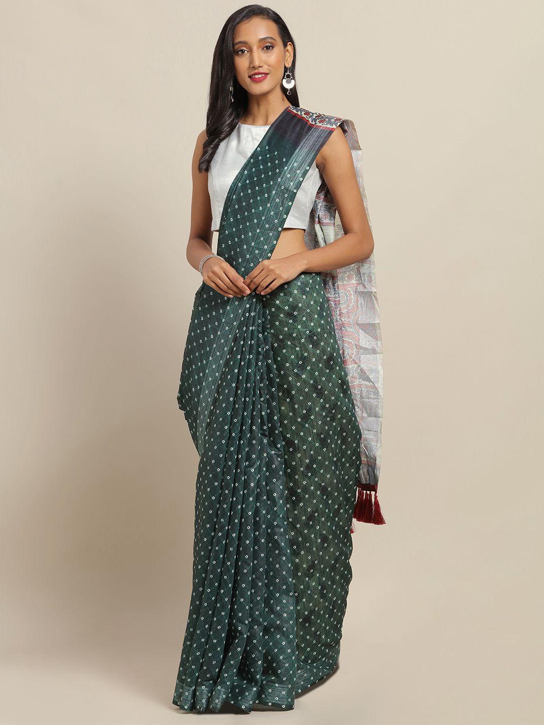 vastranand green & white cotton blend printed bandhani saree