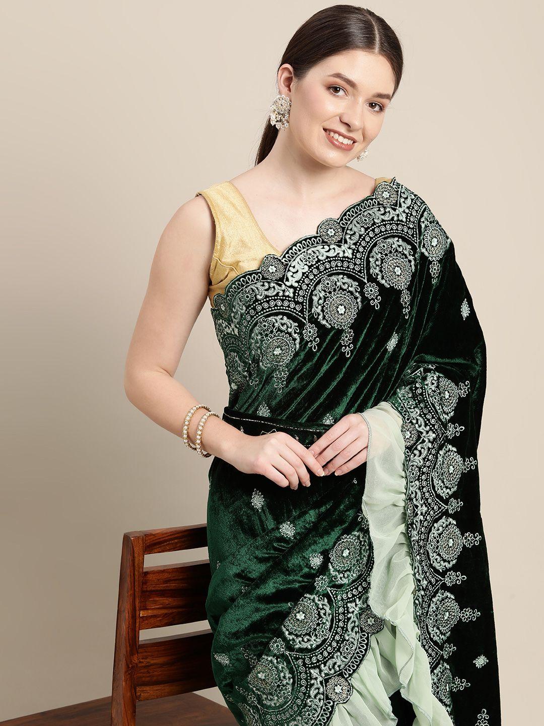vastranand green & white ethnic motifs velvet saree