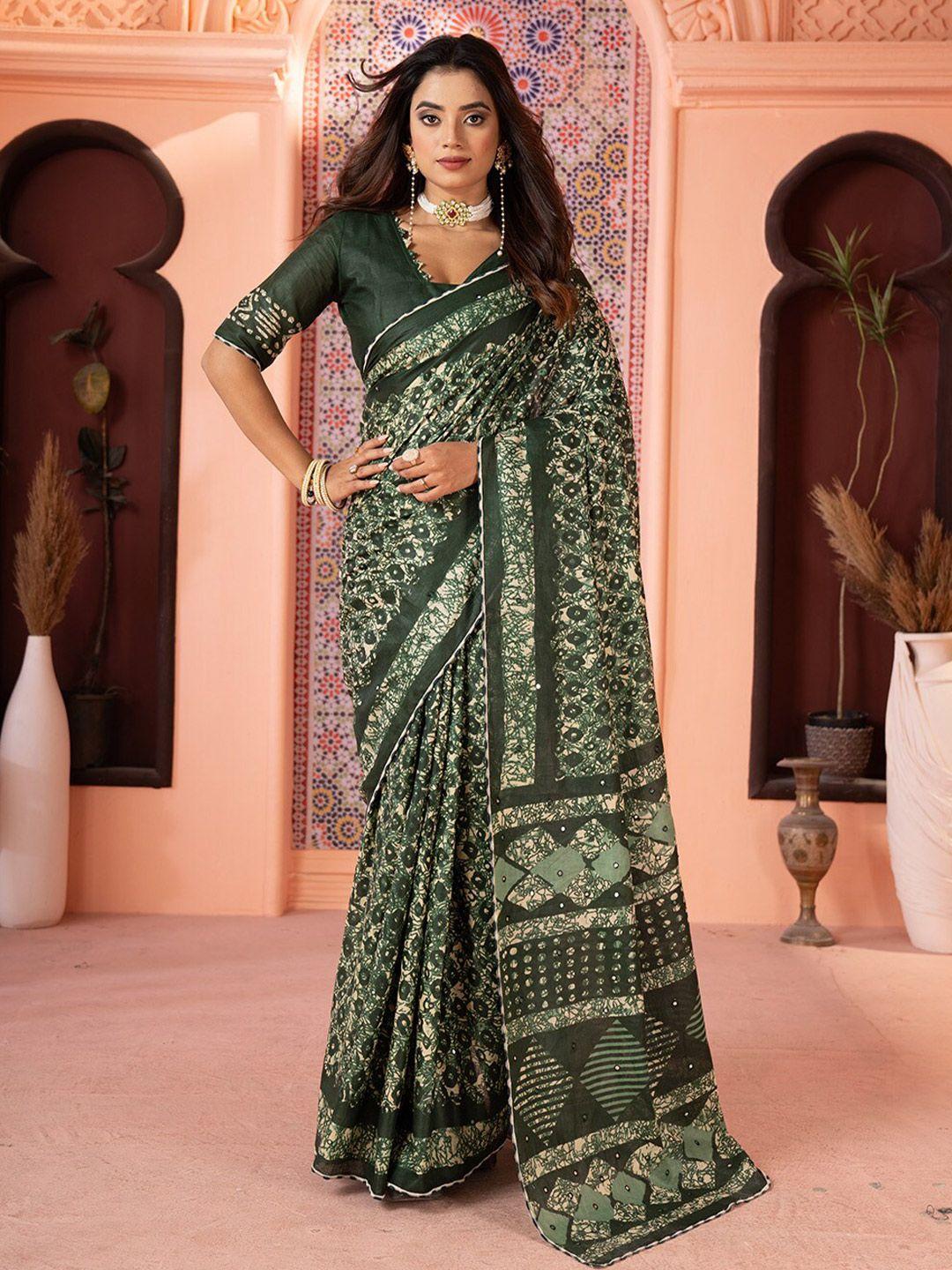 vastranand green ajrak block mirror work pure cotton designer bagru saree