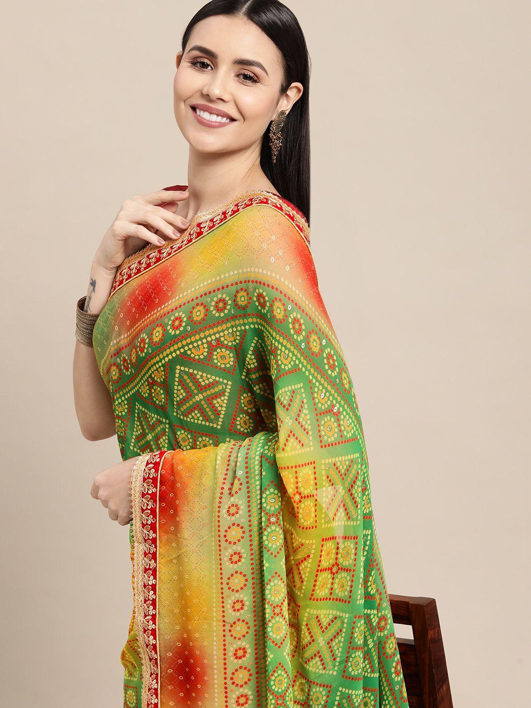 vastranand green bandhani printed sequined embroidered saree with blouse