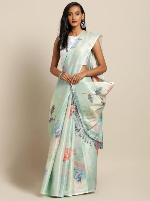 vastranand green floral print saree with unstitched blouse