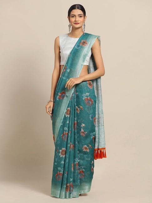 vastranand green floral print saree with unstitched blouse