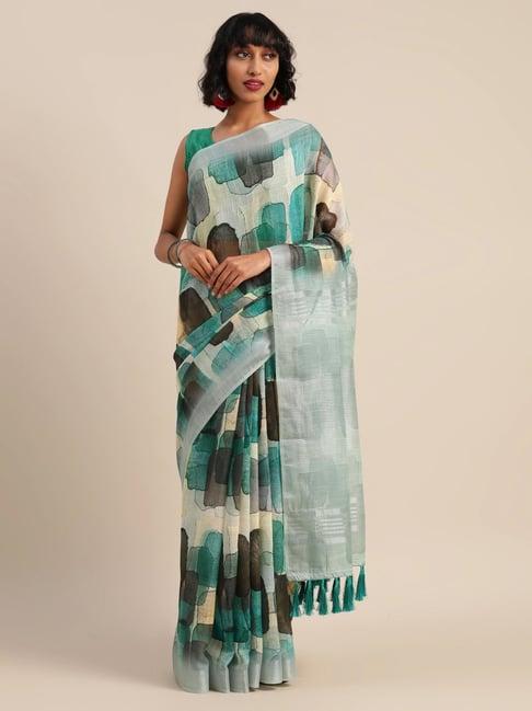 vastranand green linen printed saree with unstitched blouse