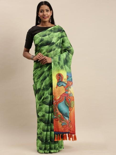 vastranand green printed saree with unstitched blouse