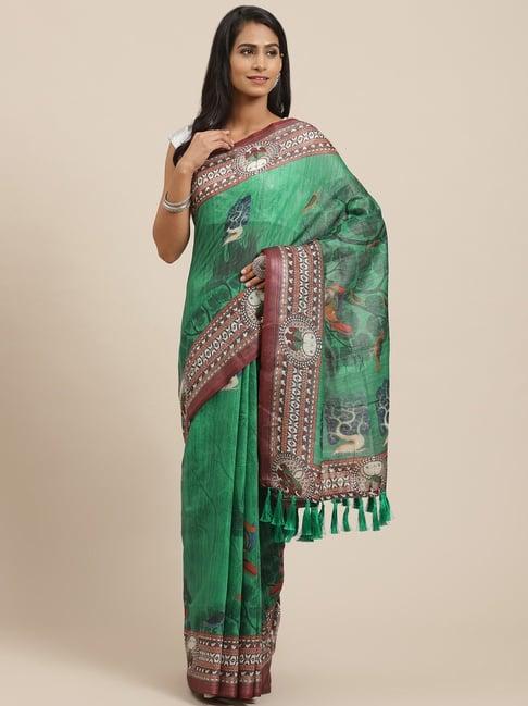 vastranand green printed saree with unstitched blouse