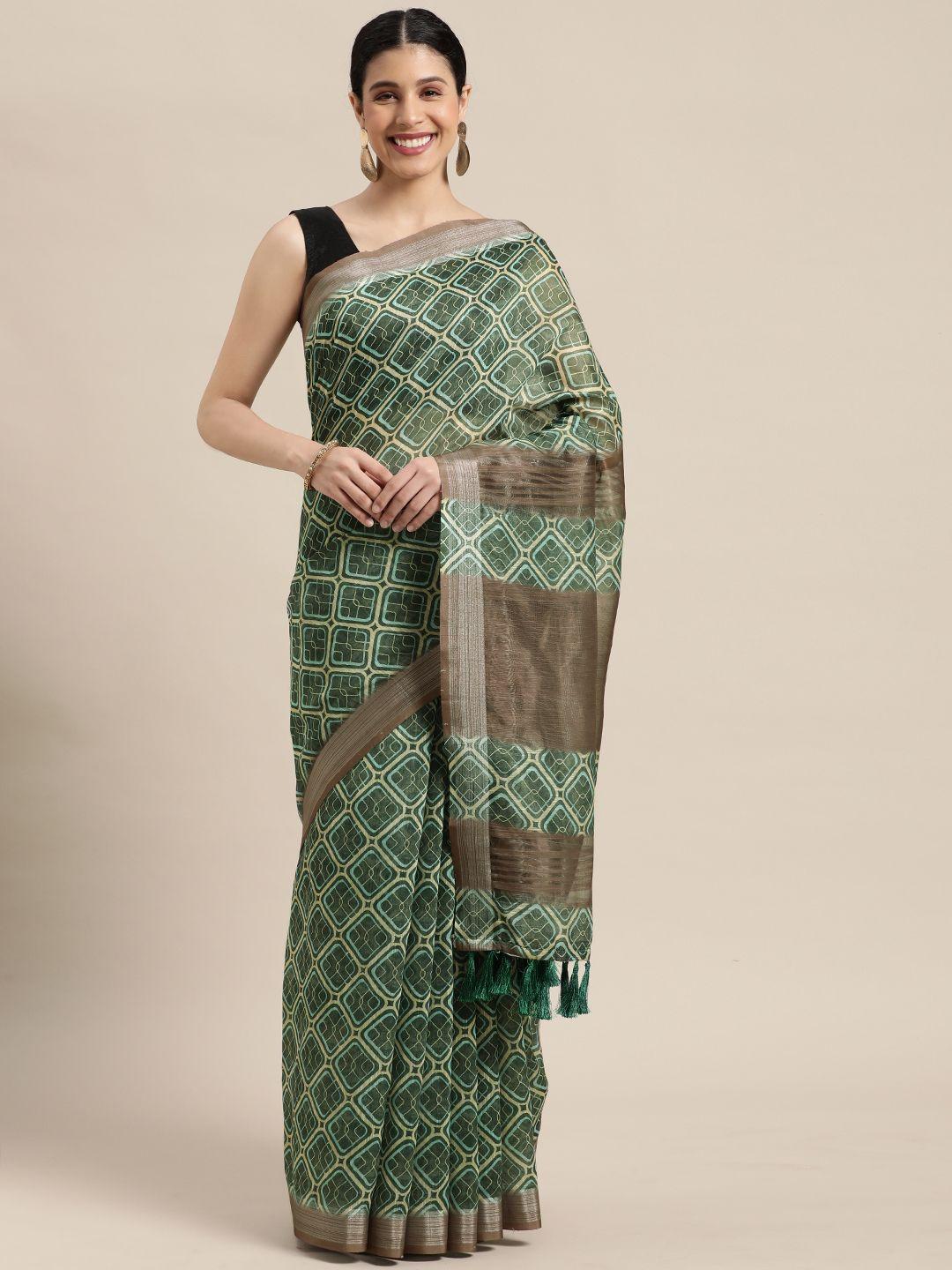 vastranand green zari linen blend block print saree