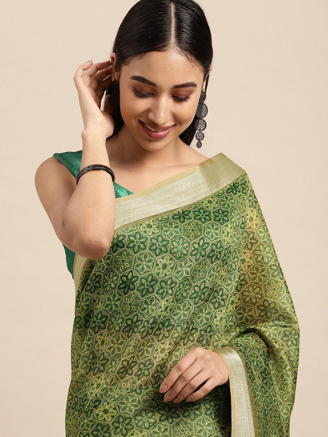 vastranand green zari linen blend block print saree