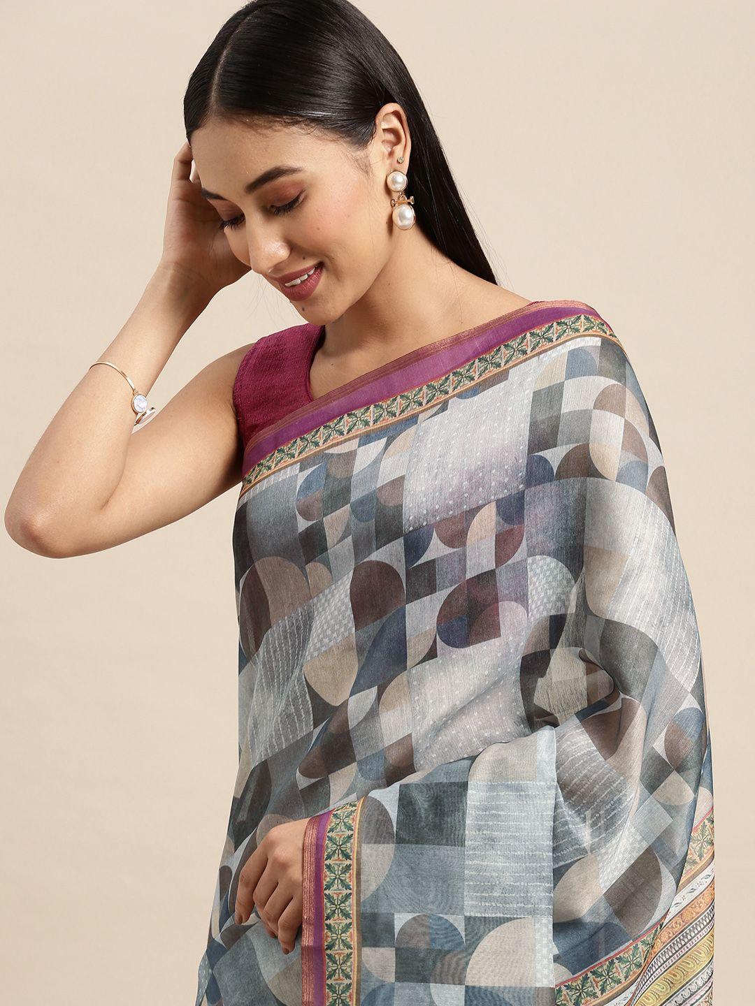 vastranand grey & black zari linen blend block print saree