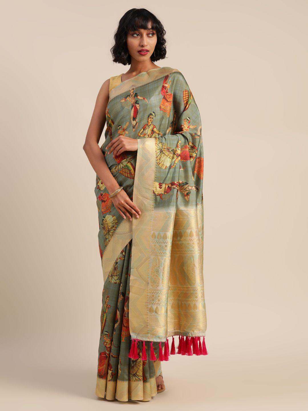 vastranand grey & golden silk blend kalamkari printed festive saree