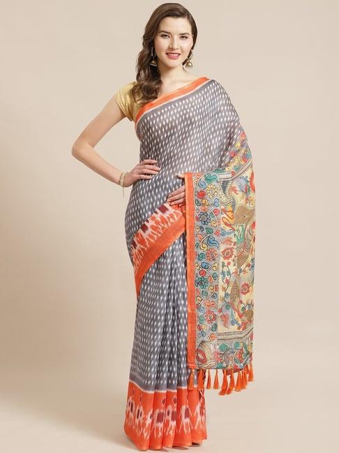 vastranand grey & orange ikkat print saree with unstitched blouse