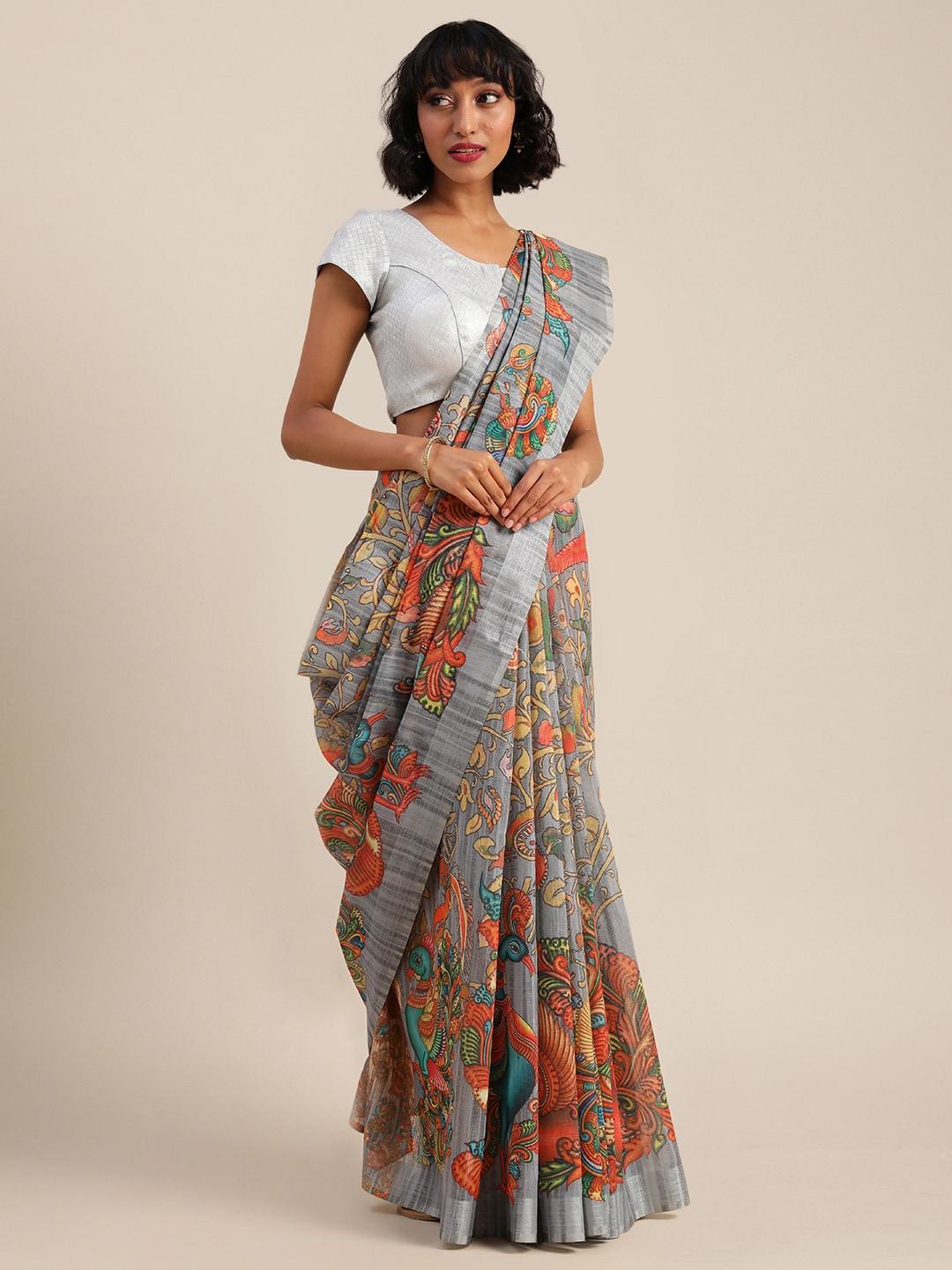 vastranand grey & orange linen blend kalamkari printed banarasi saree