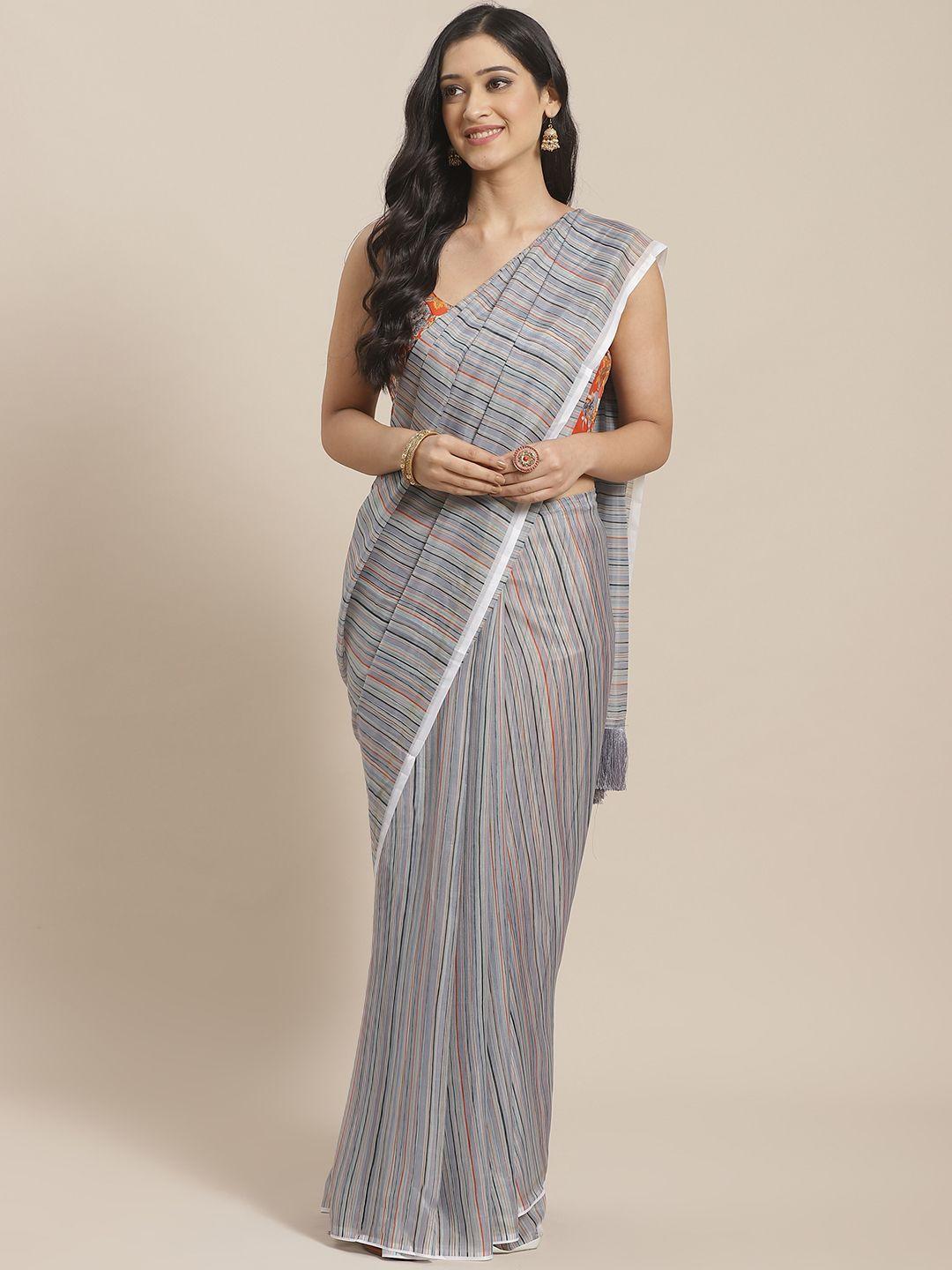 vastranand grey & orange pure silk striped celebrity saree