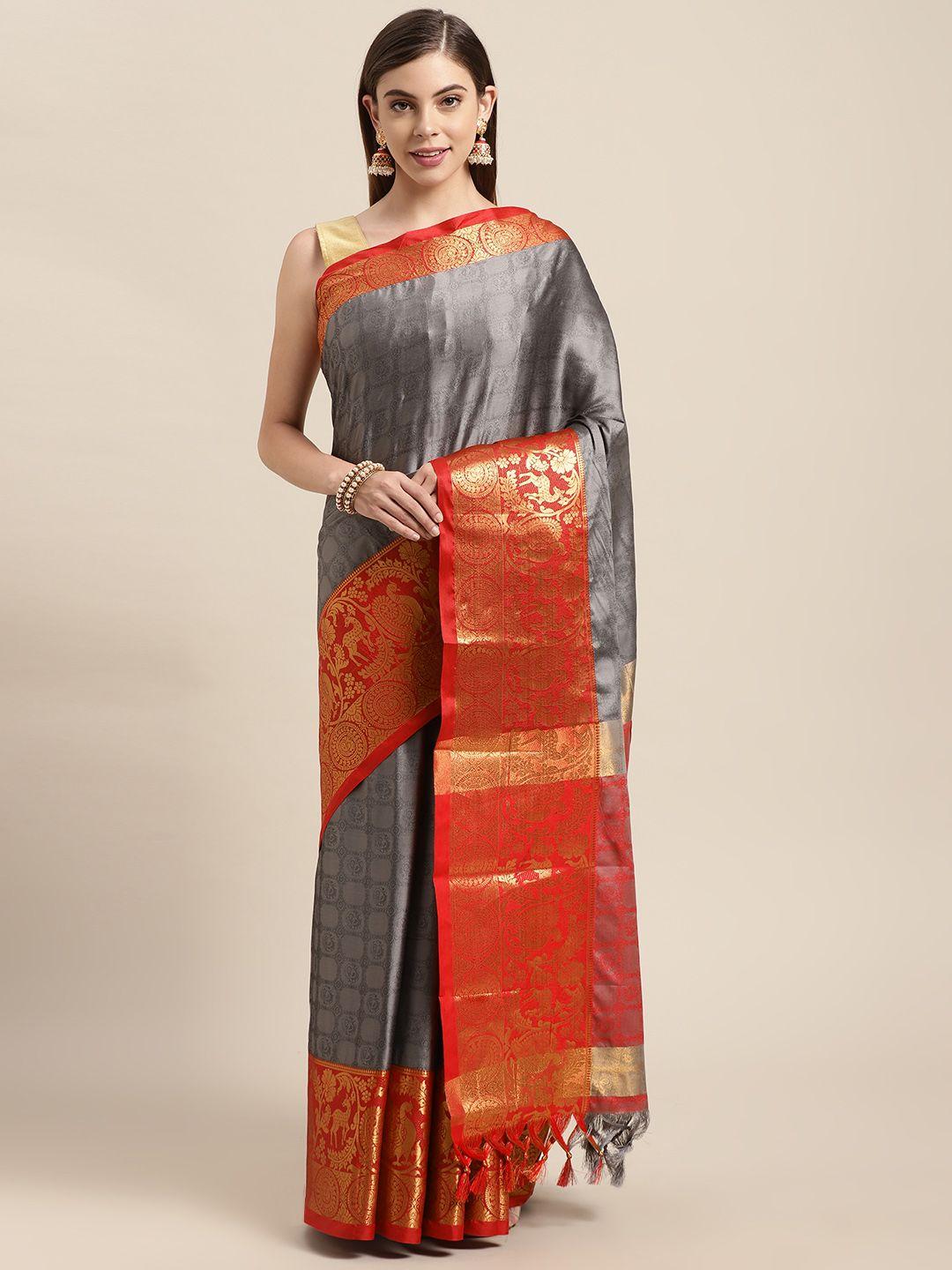 vastranand grey & red ethnic woven design zari silk blend banarasi saree