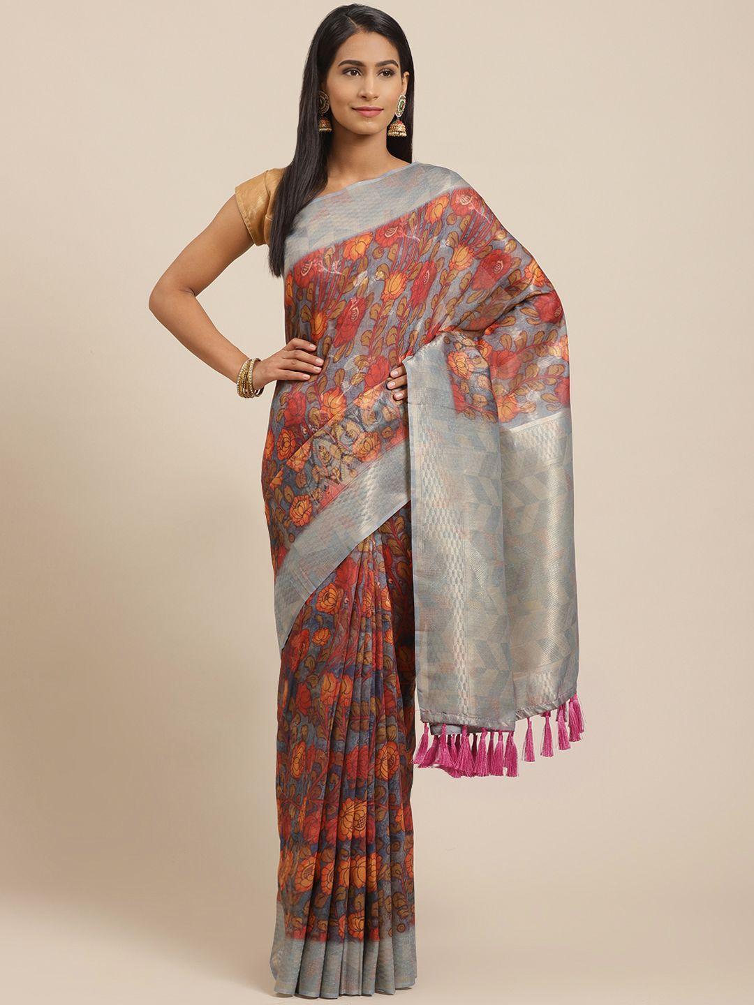 vastranand grey & red printed banarasi saree