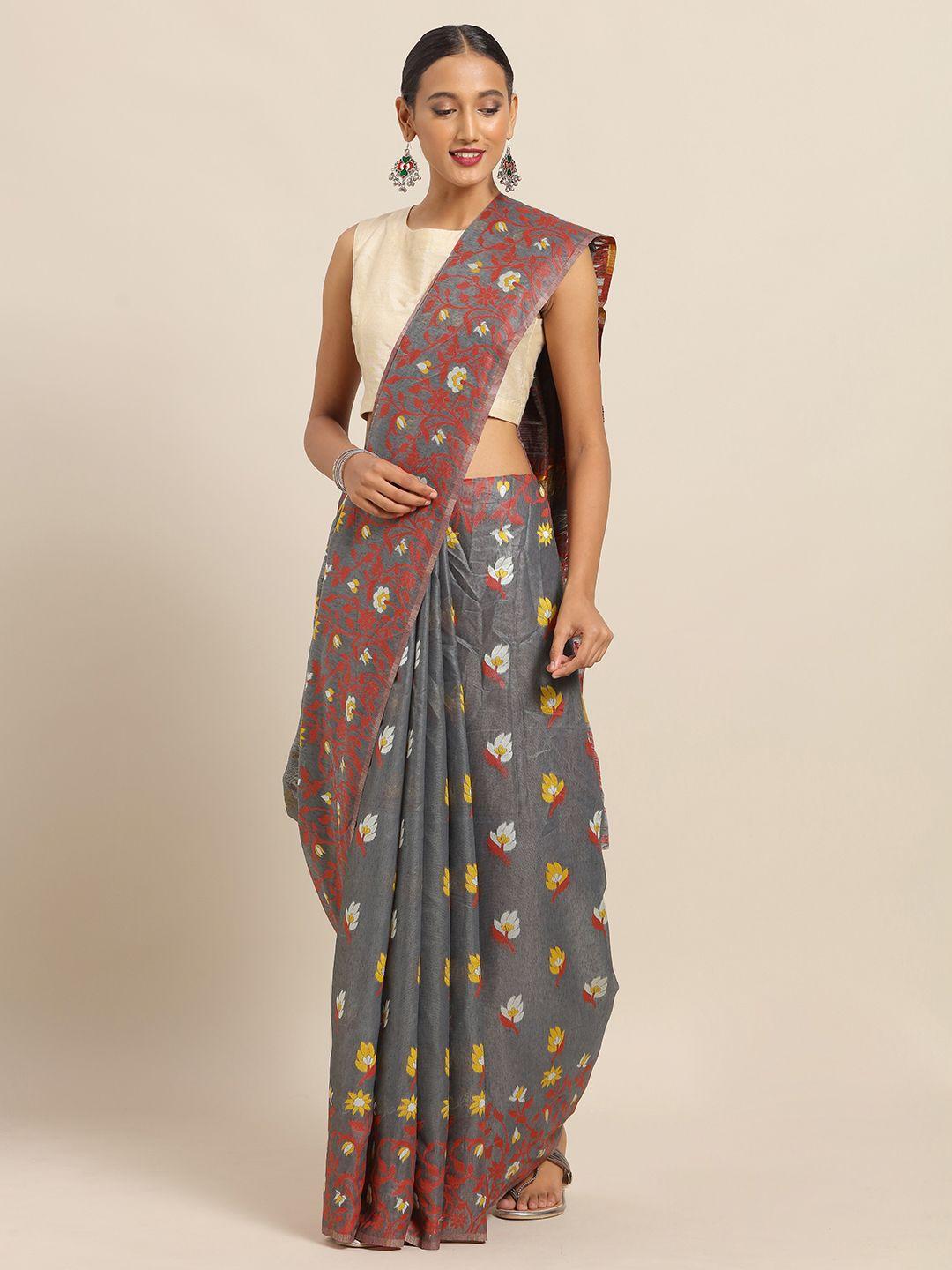 vastranand grey & red silk cotton printed jamdani saree