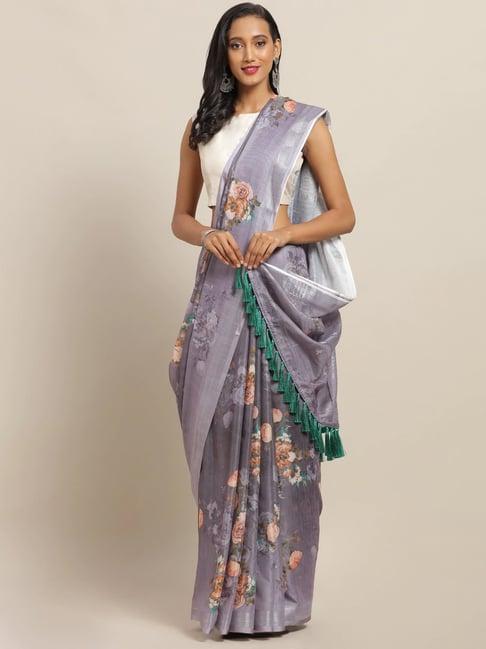 vastranand grey floral print saree with unstitched blouse