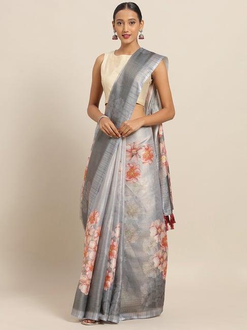 vastranand grey floral print saree with unstitched blouse