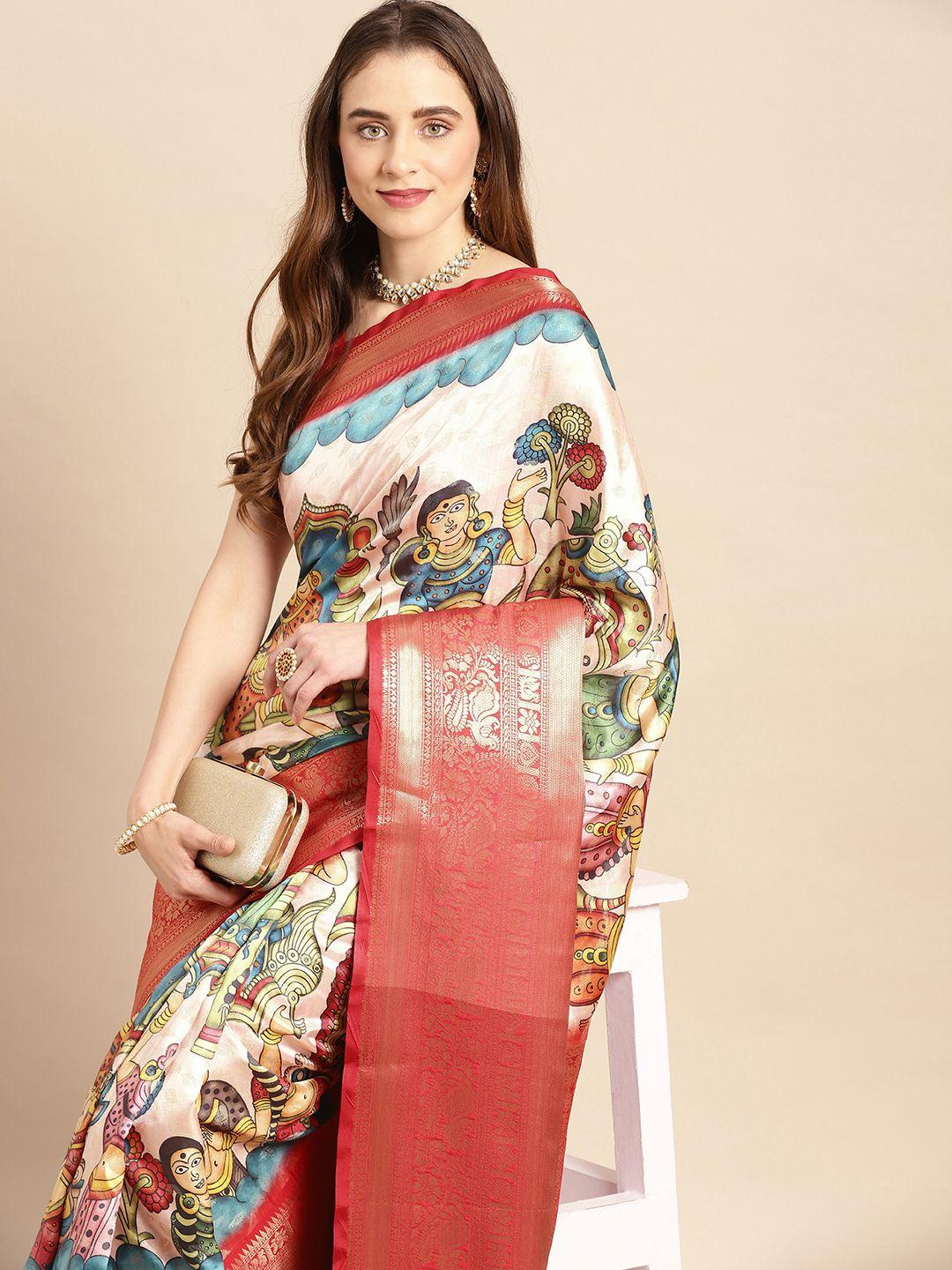 vastranand kalamkari block print zari silk blend banarasi saree