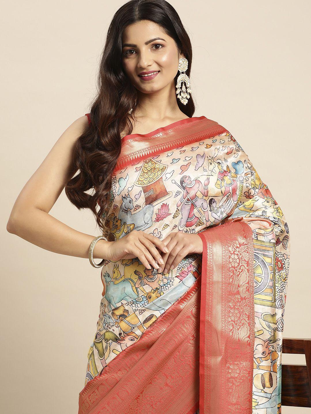 vastranand kalamkari block print zari silk blend banarasi saree