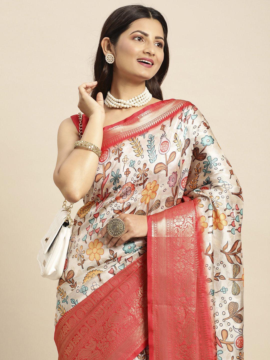 vastranand kalamkari block print zari silk blend banarasi saree