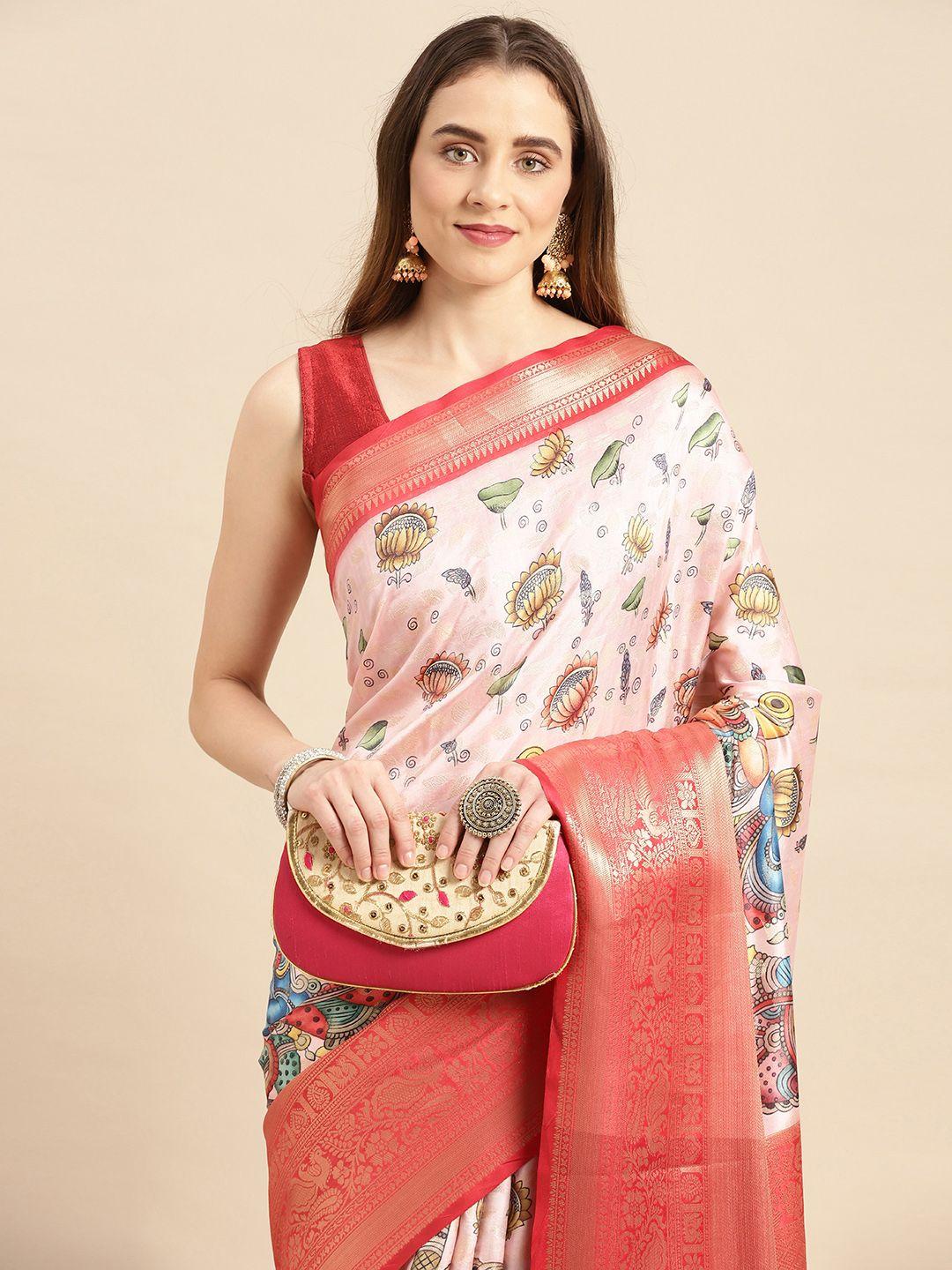 vastranand kalamkari block print zari silk blend banarasi saree