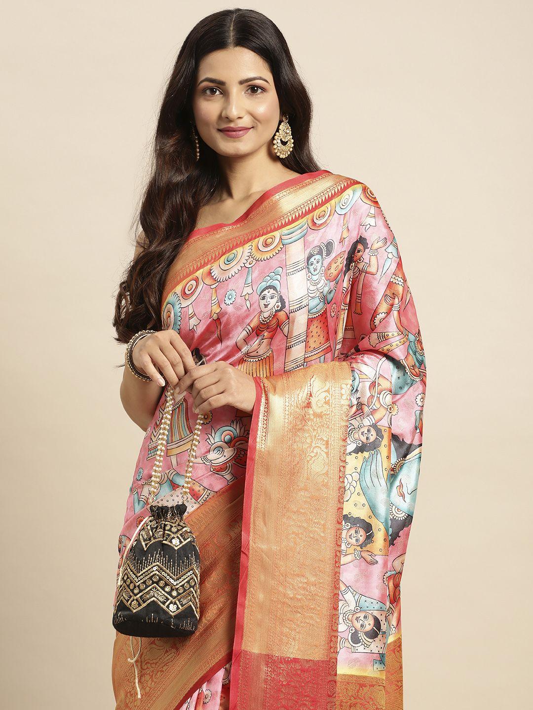 vastranand kalamkari block print zari silk blend banarasi saree